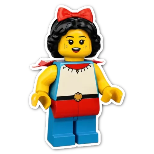 A lego girl with a white face and red and blue clothes.