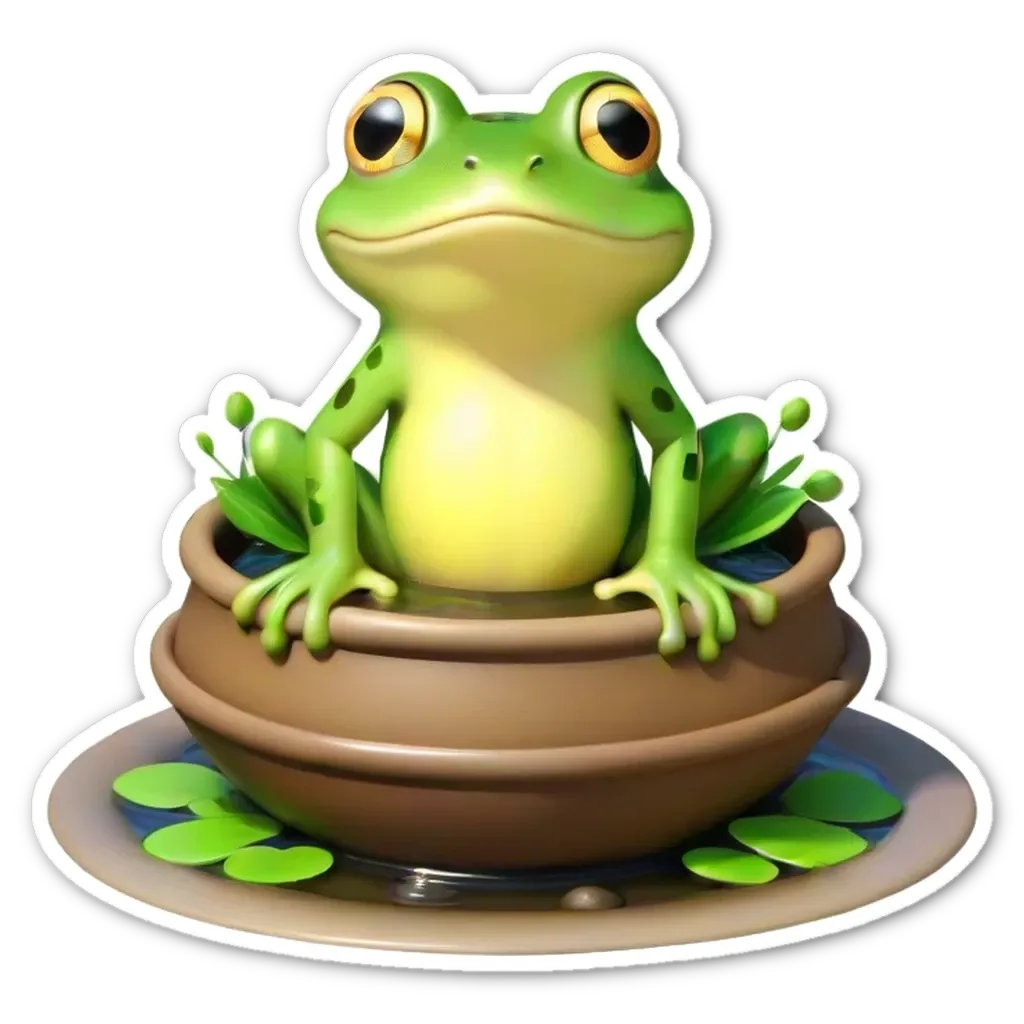 A sticker of a frog in a bowl.