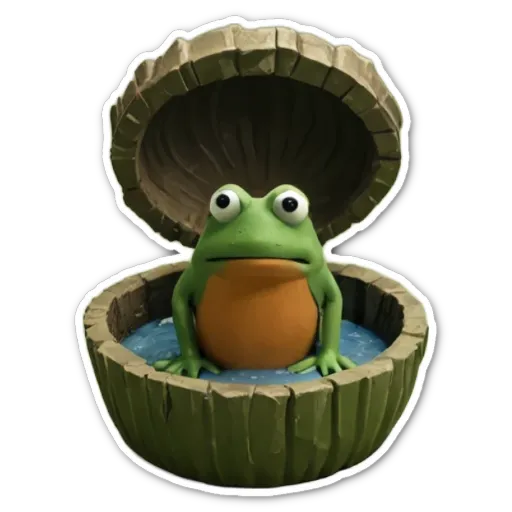 A fake frog in a bowl with a black background.