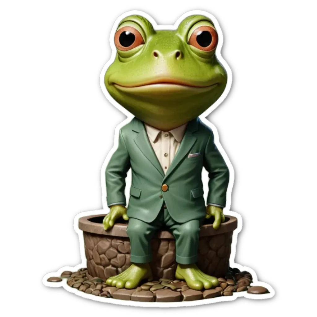 A frog in a suit sitting on a wall.