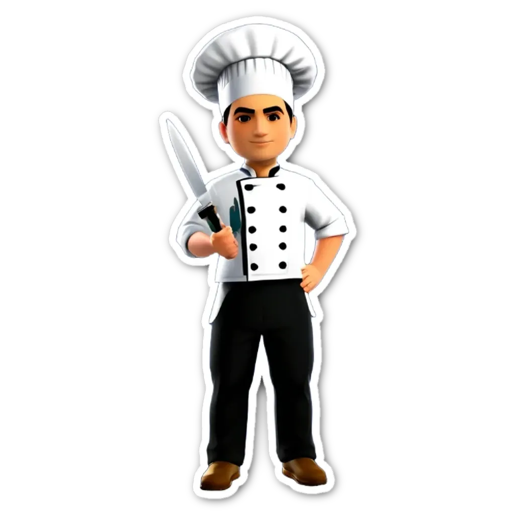 A cartoon picture of a man with a knife in his hand wearing a chef's outfit.