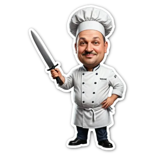 A cartoon picture of a chef holding a knife.