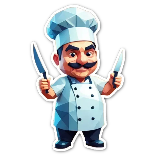 A cartoon picture of a man holding a knife and a fork.