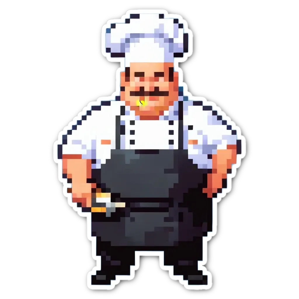 A man is wearing a white apron and a hat in a pixelated cartoonish style.