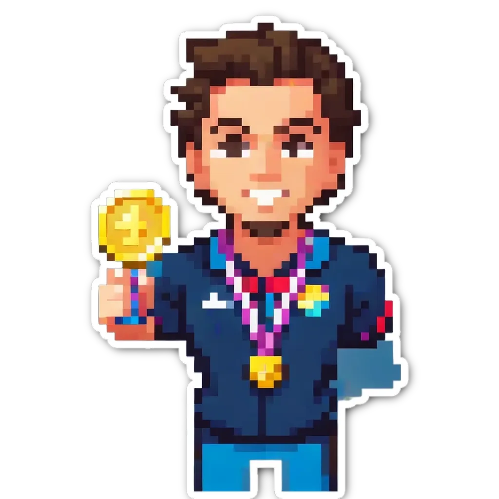 A boy is holding a gold medal sticker his hand.