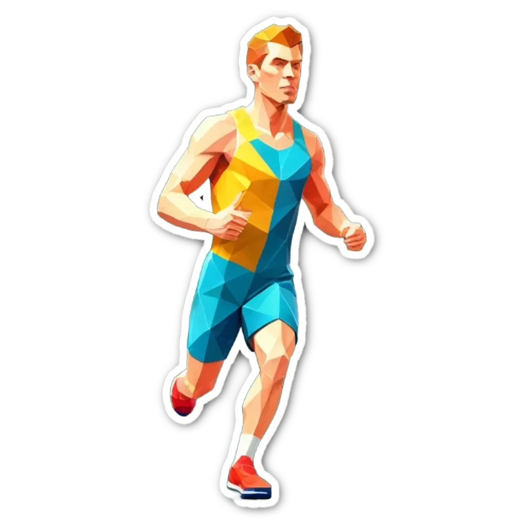 A polygonal pattern of a man running with a yellow and blue tank top.