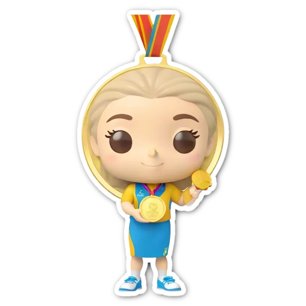 A gold medal sticker girl is holding her medal.