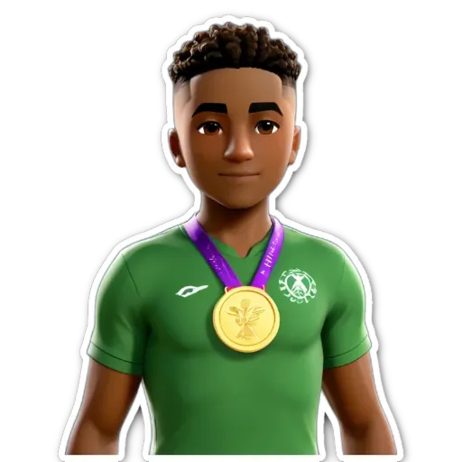 A boy is wearing a green shirt and a gold medal around his neck.