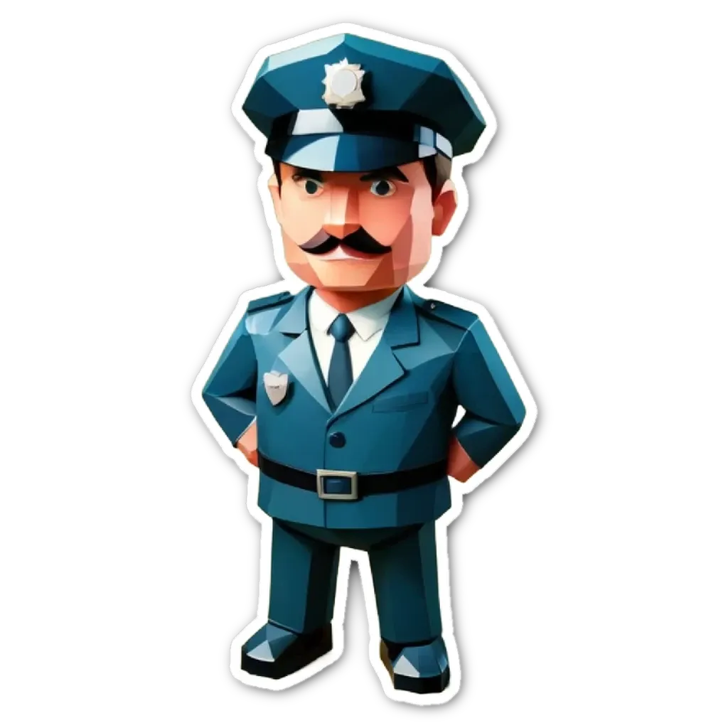 A sticker of a papercut police officer standing with his hand on his hip.