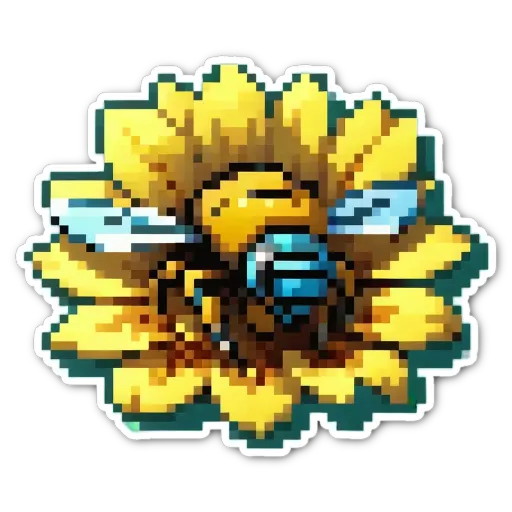 A bee and a flower made out of pixelated pictures.