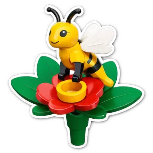 A lego toy that is a bee and is on a flower.