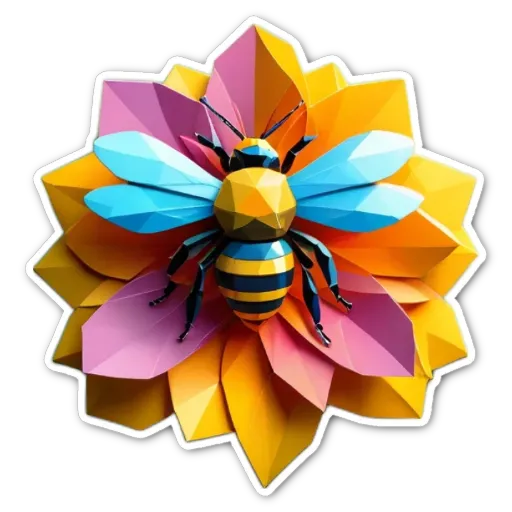 A colorful paper bee stuck on a black background.