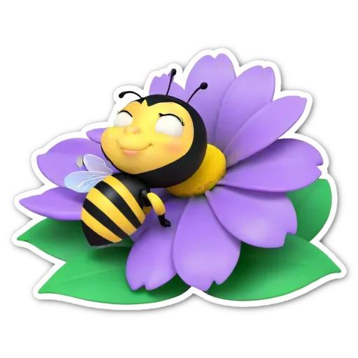 A sticker of a bee on a flower with purple petals.