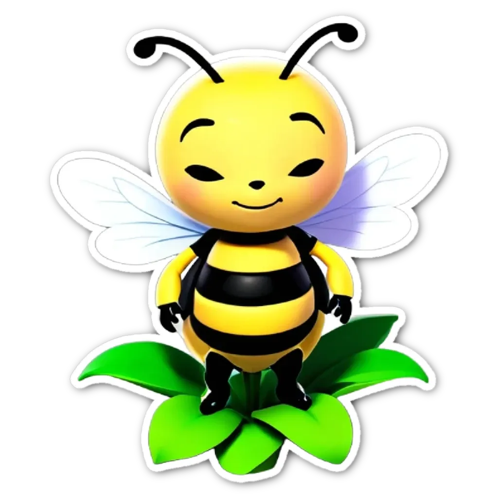 A sticker of a happy bee on a leaf.