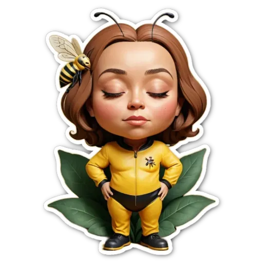 A sticker of a girl that has a bee and the words "Bee" on the bottom.