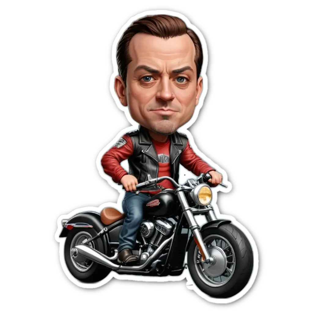 A drawing of a man on a motorcycle wearing a red and black jacket.