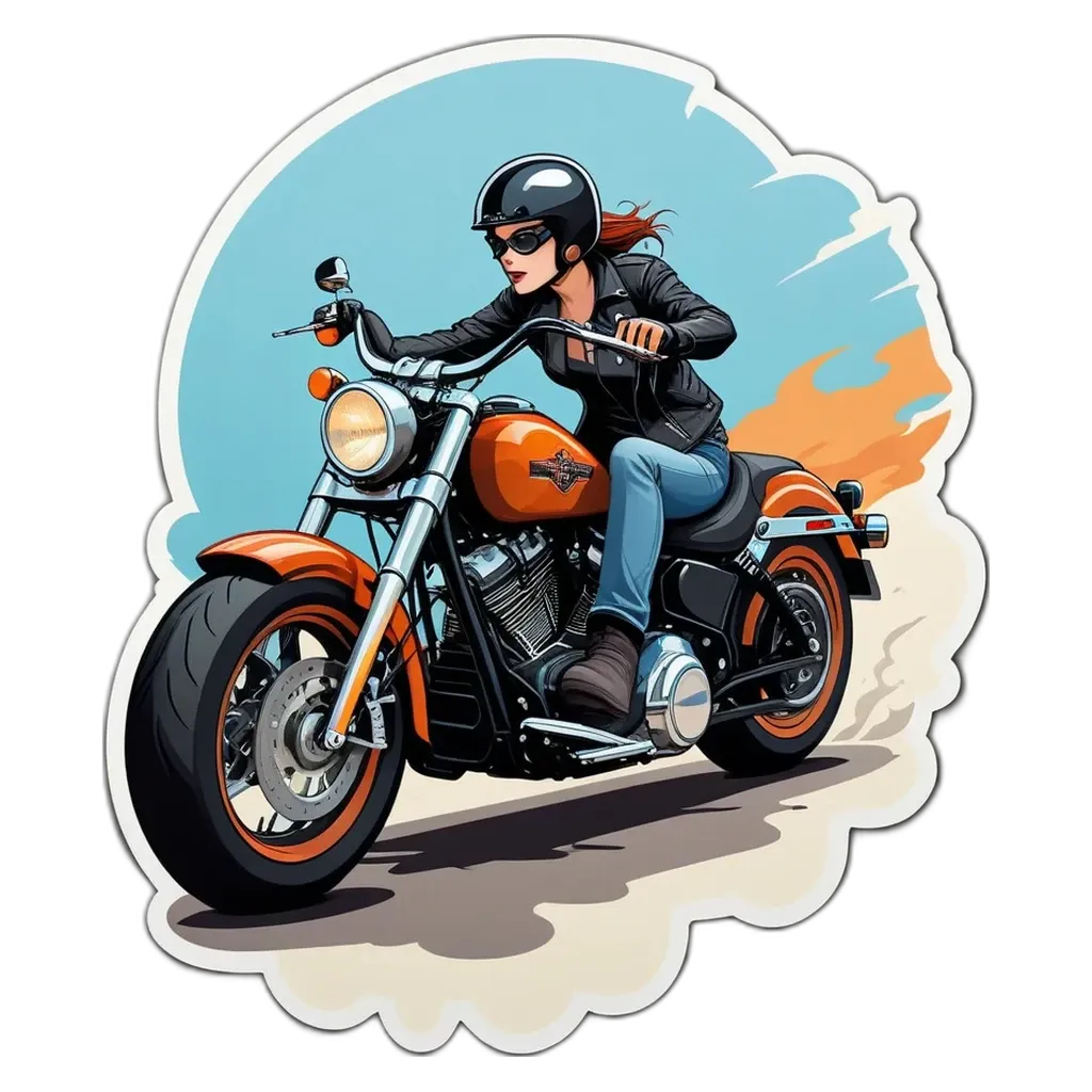 A woman on a motorcycle in a cartoon style.