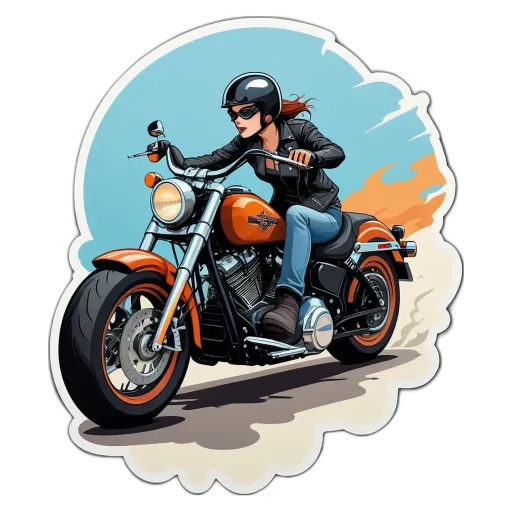 A woman on a motorcycle in a cartoon style.