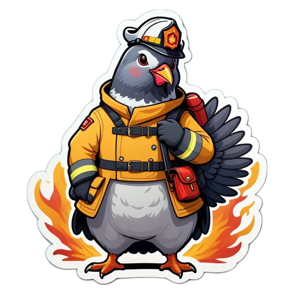 A turkey wearing a fireman costume and carrying a fire hose.