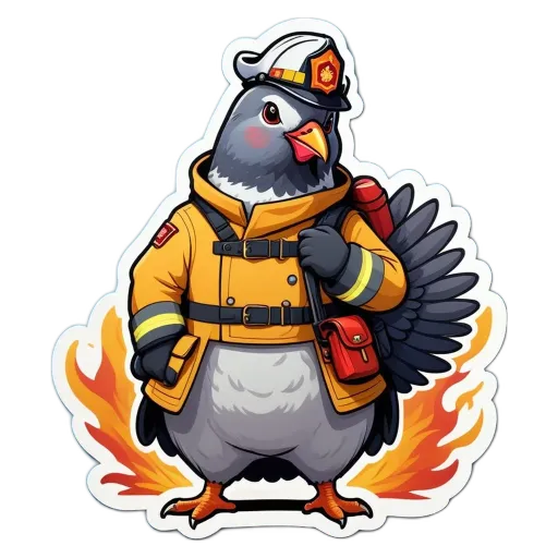 A turkey wearing a fireman costume and carrying a fire hose.