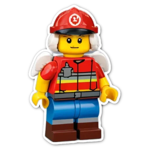 A lego man with a red helmet and blue jeans with wing like stegonials on his back.