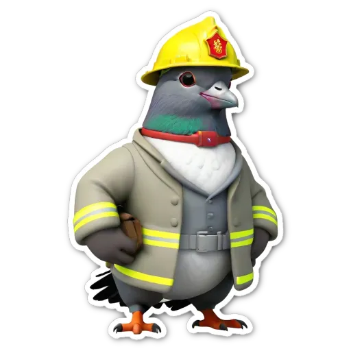 A pigeon is wearing a yellow fireman jacket and hat.