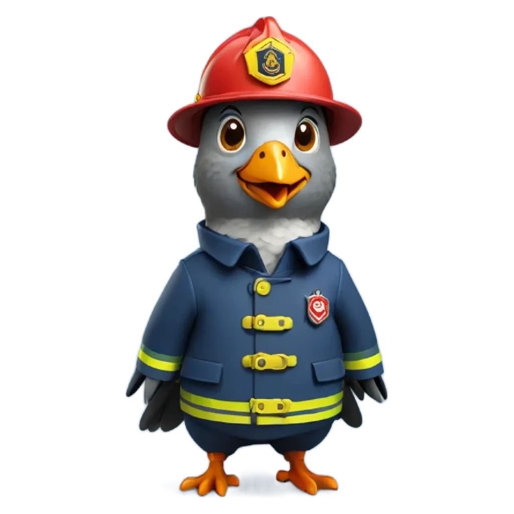 A bird wearing a fireman jacket and hat.