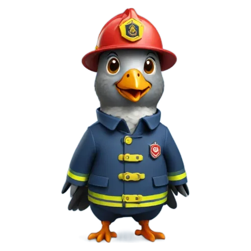 A bird wearing a fireman jacket and hat.