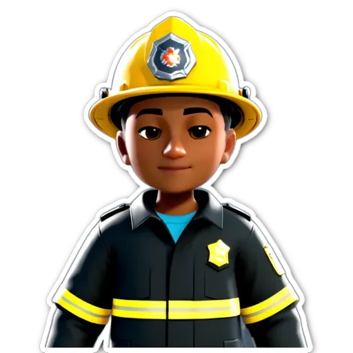 A boy is wearing a fireman uniform and a yellow helmet.