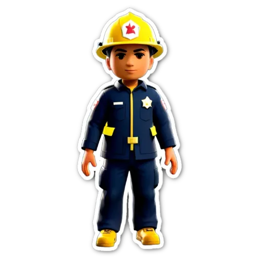 A sticker of a fireman wearing a yellow helmet.