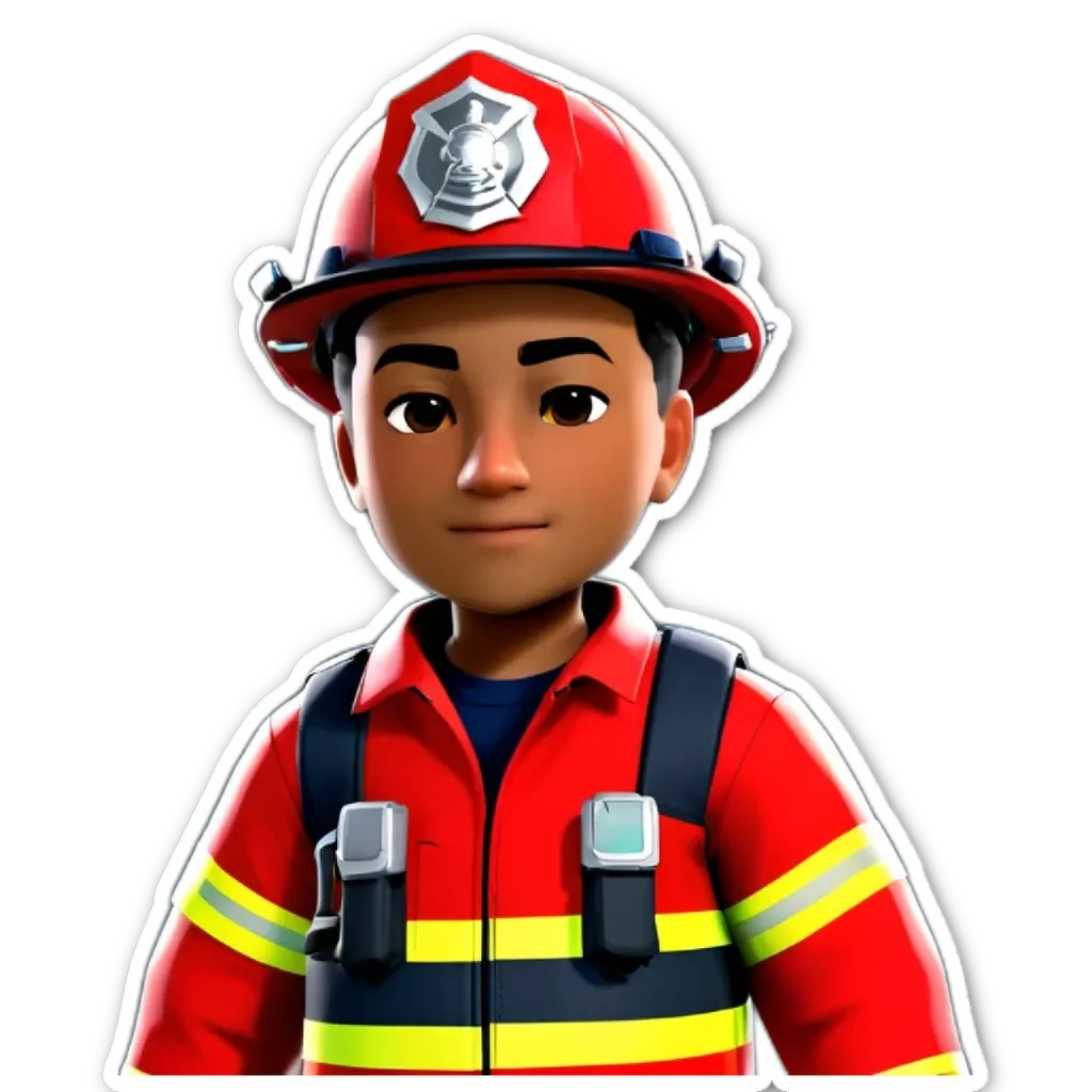 A boy is wearing a red jacket and a helmet, he is a fireman.