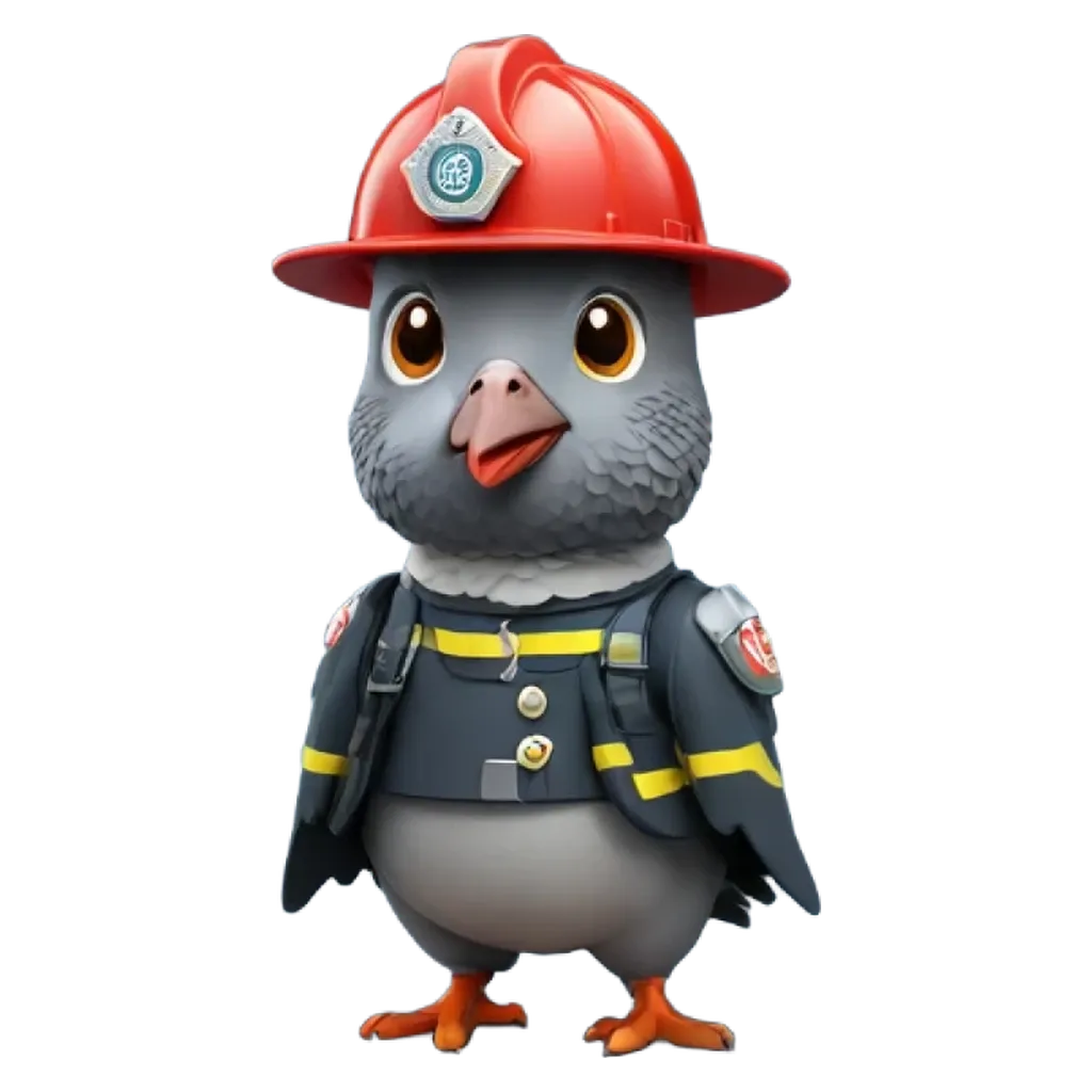 A cartoon image of a bird wearing a fireman hat.