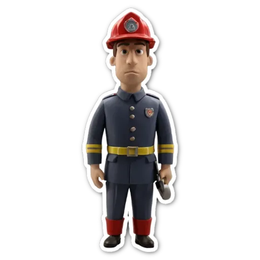 A fireman in a hat and uniform with a pump in his right hand.