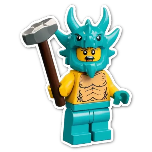 A lego figure holding a stone hammer and wearing a blue body suit.