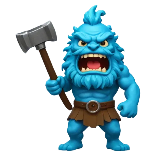 a blue figure holding a hammer that is not very attractive.