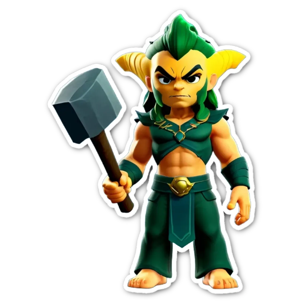 A green and black character holding a hammer.