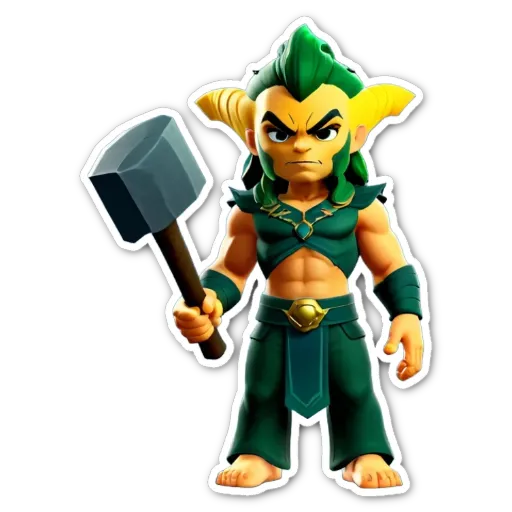 A green and black character holding a hammer.