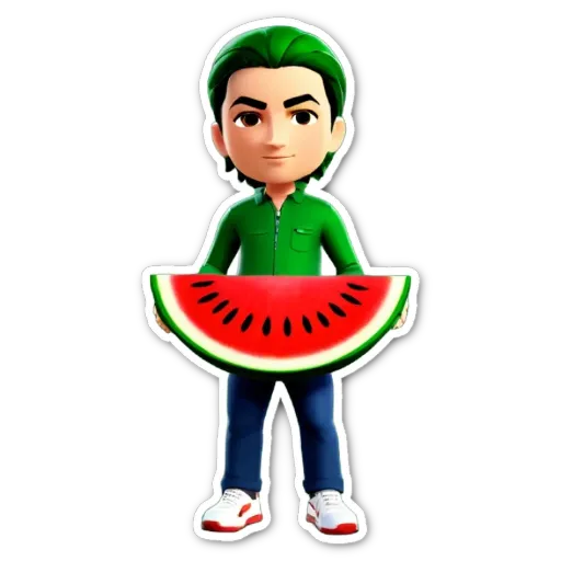 A boy holding a watermelon is in green colour.