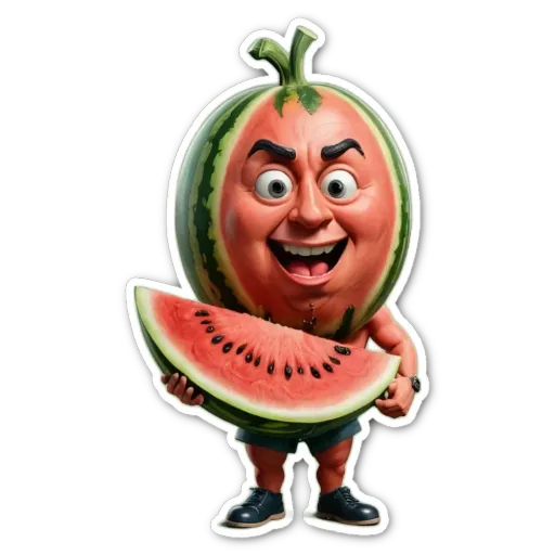 A watermelon shaped cartoon character holding a slice of watermelon.