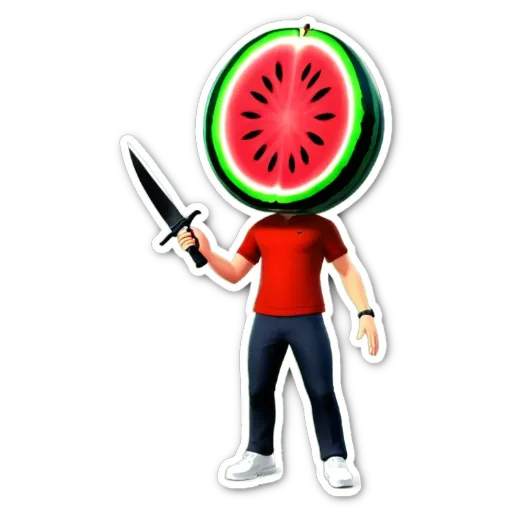 A person with a watermelon for a head and a knife for a sword.