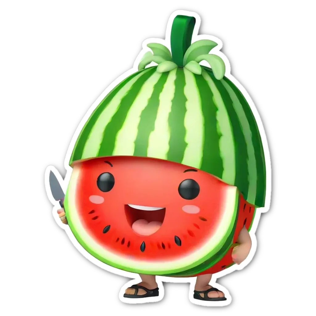 A watermelon dressed in a hat and holding a knife is on a black background.