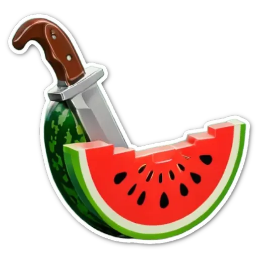 A watermelon cut in half with a knife in it.