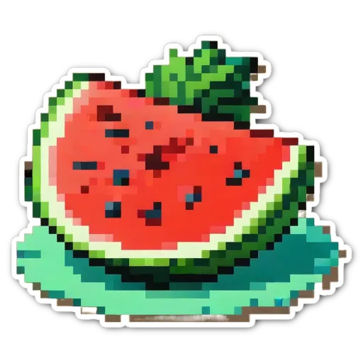 A watermelon is shown with a few black seeds scattered around.