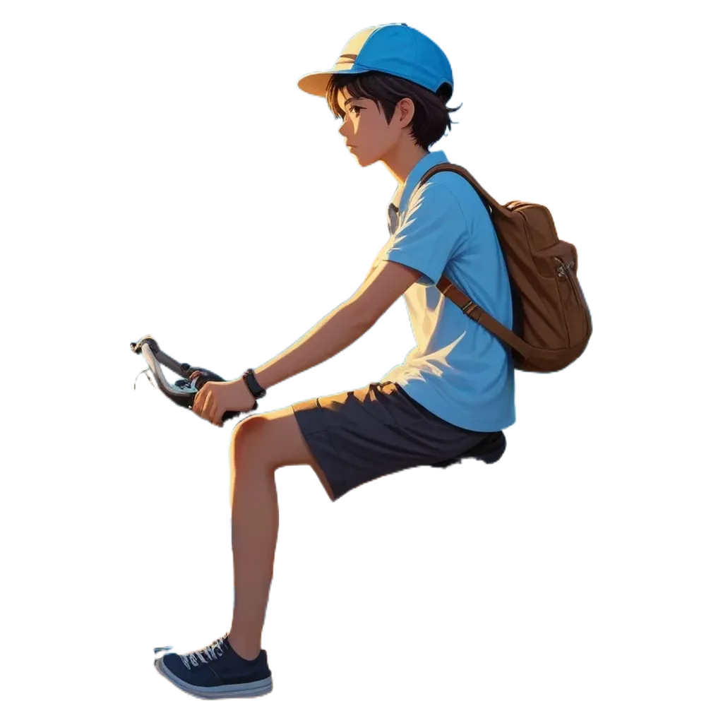 A boy in a blue hat is sitting on a chair with a backpack on his back.