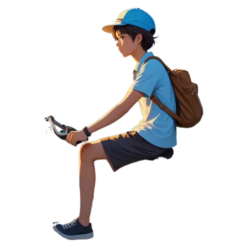 A boy in a blue hat is sitting on a chair with a backpack on his back.