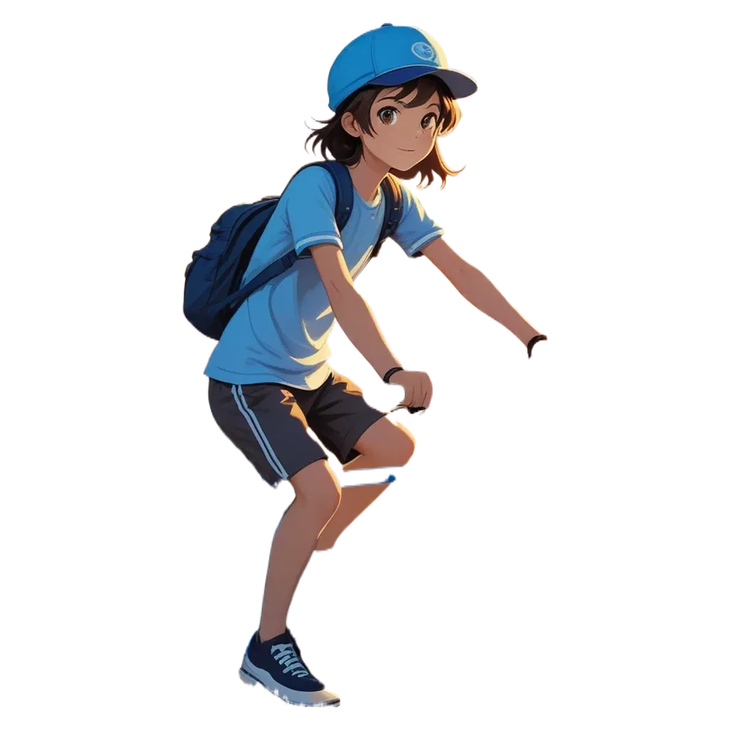 A boy on a bike in a blue shirt and cap.