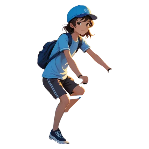 A boy on a bike in a blue shirt and cap.