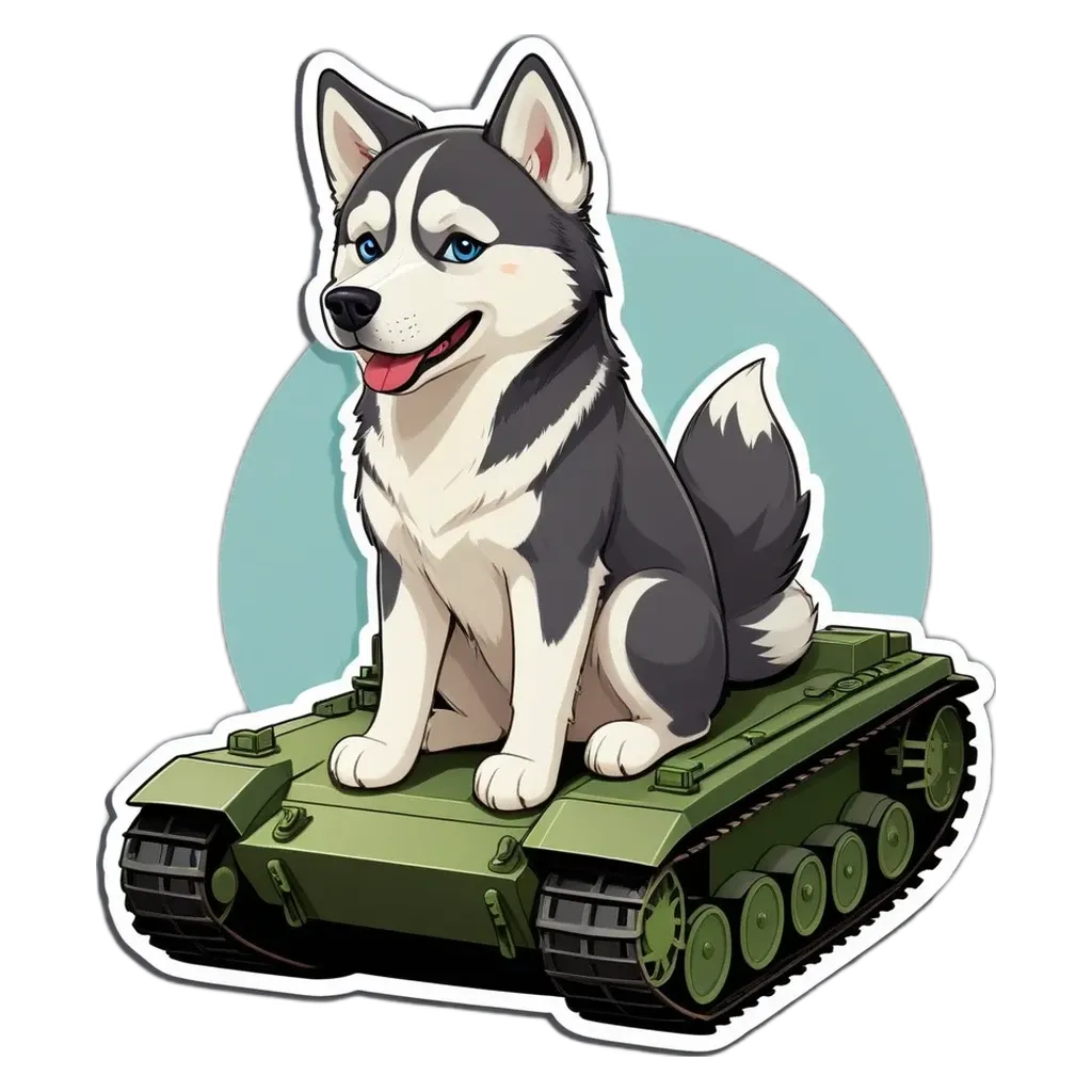 A cartoon image of a dog sitting on a tank.