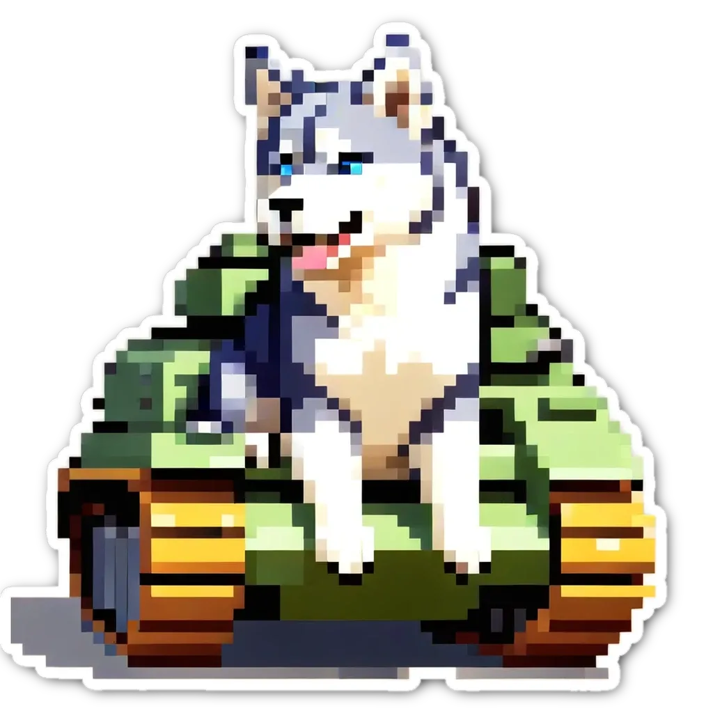 A dog sitting in a tank is painted in a very detailed and pixelated style.