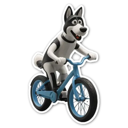 A sticker of a dog riding a bike.